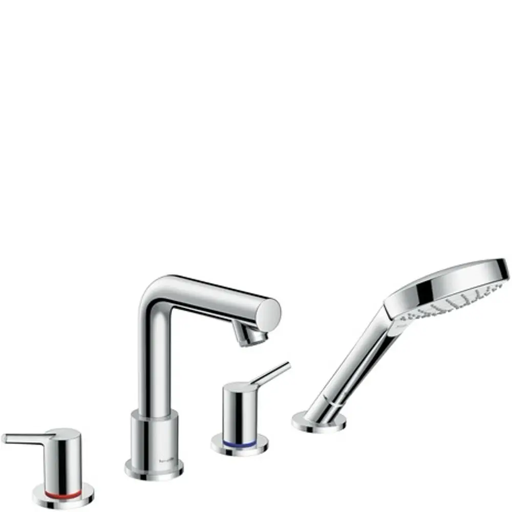 Hansgrohe Armatur mit vier Teilen, bestehend aus einem Wasserhahn und zwei Bedienelementen zur Steuerung von Wassertemperatur und -fluss sowie einer Handbrause.